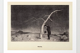 A bent man props up a dry withering tree and holds a small watering can