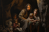 Women and children huddled in a stone cave.