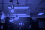 Closeup of shiny lightbulbs in the Adarga London office