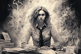 An image of a lady in the office with disheveled hair. She is visibly upset and tired.