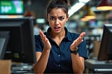 Frustrated woman at a service counter.