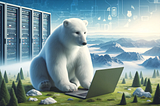 Polar bear using a laptop in a tech-related environment with servers, cables, and monitors in the background.