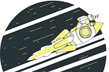 Illustration of an astronaut riding a rocket through space.