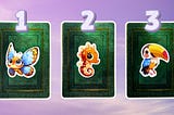 Three tarot pick a card piles: pile 1 — butterfly, pile 2 — seahorse, and pile 3 — toucan