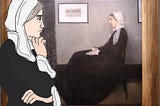 Cartoon version of Whistler’s Mother inspecting painting