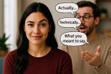 a knowing woman with an ironic expression stares at camera while man blabbers on in the background with speech bubbles