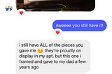 Screenshot of text messages with R about an intaglio print from years ago