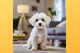 Little white dog in an apartment, blurred furniture background