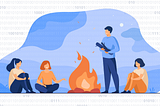 Illustration of people sitting around a fire, talking. In the background is binary code.