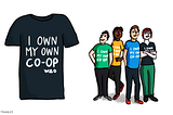 Illustration showing a t-shirt saying “I own my own co-op” along with the WAO logo. Several people are also stood together wearing different colours of the t-shirt.
