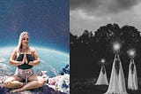Left: A woman meditates in space. Right: three robed figures hold balls of light to the sky.