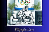 pen and watercolor image: couple sitting close together on a sofa, smiling, watching the Olympics on television. An Olympic flag hangs on the wall behind the sofa.