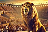 A beautiful male lion stand on a stage in an arena filled with cheering spectators. He stands proud- basking in the adulation.