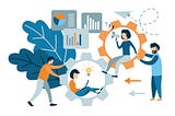 Flat style modern teamwork, workforce staff infographic concept. Conceptual web illustration of business people on cog wheels. Vector illustration