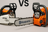 Stihl and Husqvarna chainsaws side by side.