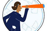 Illustration of a female scientist in a lab coat looking through a looking glass, with sheets of papers flying in the background.