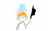 A stick figure with glasses, looking up, holding a hat while wearing 3 more hats.