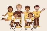 An animated picture of 6 children in 2 rows. Four of them are standing and two of them use wheelchairs. The group is diverse in terms of gender and skin colour as well.