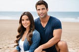 A photograph of the characters Ava and Arlo posing at the beach together and smiling.