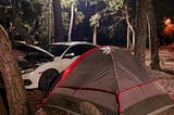 A car with its hood up to keep the critters from nesting and chewing on wires, parked at a camping spot with a small tent, surrounded by pine trees.