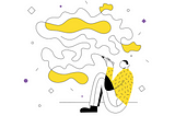 The image depicts an abstract design. A person in a yellow patterned shirt sits, drawing wavy lines with a pen. Surrounding the figure are fluid, cloud-like shapes in yellow contrasted against a white background. Scattered geometric shapes, like small diamonds and circles, accentuate the space.