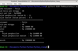 Contoh output program pembayaran gaji menggunakan bahasa pemrograman Python. Gambar 03.09.01 berikut ini menampilkan contoh output program Python lengkap untuk menghitung pembayaran gaji. Pada kasus ini, pengguna menginput nama Paijo, jam kerja per minggu 48 jam, gaji per jam Rp50000, persentase pajak penghasilan 11% dan pajak penghasilan daerah 9.5%. Output yang dihasilkan adalah nominal gaji kotor sebesar Rp2400000, nominal pajak penghasilan Rp264000 dan nominal pajak Rp228000. Sehingga, nomin