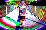 A picture of a man with a hoodie on walking on a bridge that leads to a rainbow portal. The entire image is vividly colored in a psychedelic-type way.
