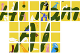 This image features a grid of 31 square tiles with blue, pink, burgundy and orange figures inside the tiles interacting with dark green letters of the phrase “Hi, I am AI” set against a yellow background. The figures are positioned in various poses, as if they are climbing, pushing, or leaning on the letters.