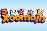 The Xoomojis logo with 5 preliminary character designs including a Lux the Lion, Bao the Bear, Alex the Addax, Zo the Zebra, and a Codi the Cow.