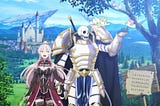 A skeleton knight in heavy armor walks down a dirt path beside a pink-haired elf girl. Title: Skeleton Knight in Another World.