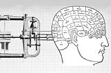 A black-and-white image of vintage illustrations of an industrial machine appearing attached and controlling an individual’s head marked scientifically with different regions. The image conveys the question of whether technology controls humans or vice versa.
