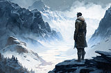 A soldier stands looking over a valley amongst snowy peaks.