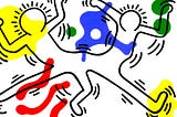 Pop art painting of two connected people by Keith Haring.