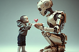 A small child being taken care of by a large robot. The robot is lovingly sharing a plate of food.