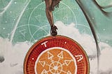Photo of a Tarot card called “The Wheel” which is the wheel of life. Woman standing on top of a wheel that is turning