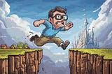 A designer leaping across a chasm (an analogy for crossing a skill gap)