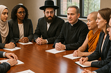 Eight people of a variety of races, religions, and genders, sitting around a table with a pen a paper in front of each of them.