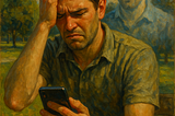 Frustrated man tries to contact his erstwhile brother with a mobile phone while at a park.