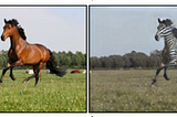 Left side is a horse running in a meadow. Right side is the same picture, but the horse is now a zebra.