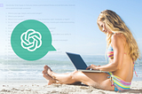 Fit woman on the beach using ChatGPT on her laptop