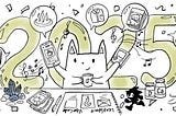 Cat holding various objects from phones to tarot cards infront of 2025 text