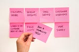 A picture depicting different methodologies (Cultural Probe, Develop Personas, Card Sorting, Customer Interviews, Listen in on customer service calls, Field visits, Run a usibility test, user survey) that a User researcher might use, these are written out on post-it cards.