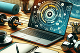 An illustration of a laptop with a screen of different technology elements swirling around. Laptop is sitting on a desk surrounded by a cup of coffee, notebook, pencils in holder, weights (oddly enough), and a yoga mat. Because, why wouldn’t you have a yoga mat and weights next to your laptop? (Laughy face)