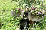 Gravity-fed fountain, water, herbs, plant, farm