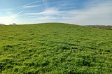 Low mound in a green field, Boar’s Den roundbarrow, April 2023 (author’s photo)