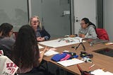 A picture taken at the co-design workshop wherein 3 students are seen working closely with a person with dementia.