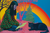 illustration of woman painting with a rainbow and cat next to her, in a forest. AI image created on MidJourney v6 by Henrique Centieiro and Bee Lee.