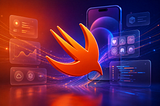 A glossy orange 3D Swift bird logo centered on an orange-to-indigo gradient background, surrounded by softly blurred translucent iOS interface panels and glowing data flow lines, symbolizing the evolution toward Swift 7.