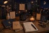 A cozy nighttime workspace in navy, cream, and warm gold tones featuring books, journals, handwritten notes, candles, coffee, and a moonlit window representing creativity, rest, and intentional living.
