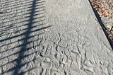Hundreds of treads on the gravelly path of the Reservoir in NYC. It’s a sunny day and you can see a shadow of the railing around the water.